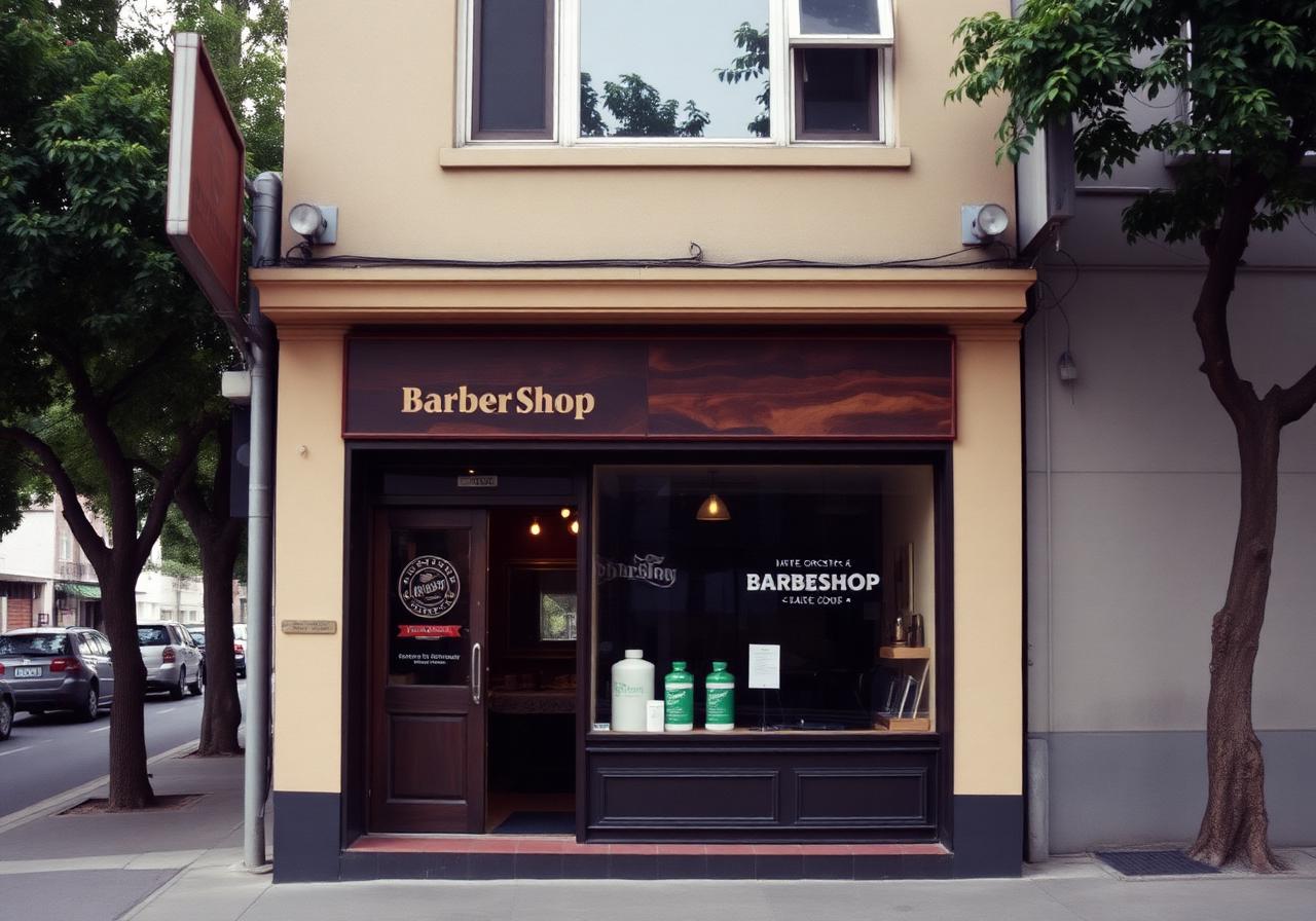 Fachada da barbearia em rua arborizada